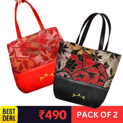 Pack of 2 Genuine Leather & Embroidery Tote - Red & Black