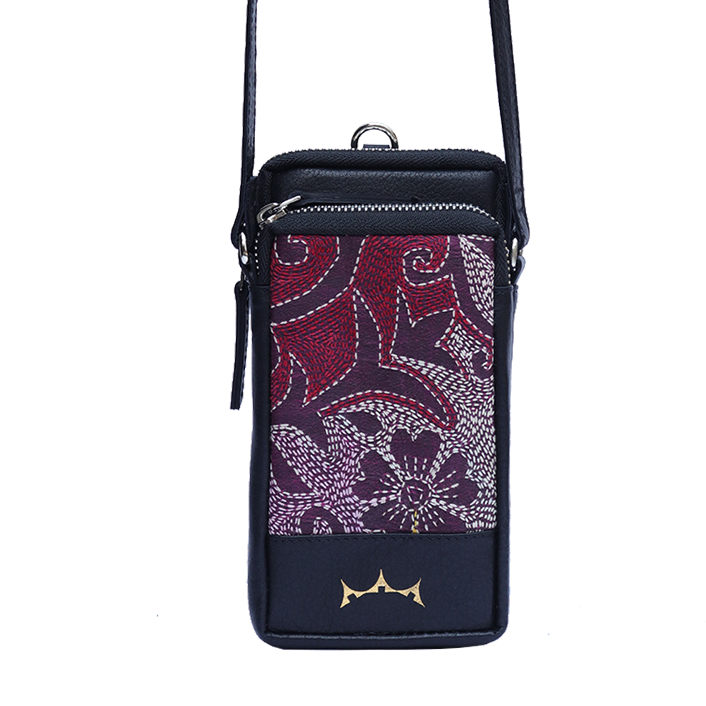 Leather Embroidery Mobile Sling - Black