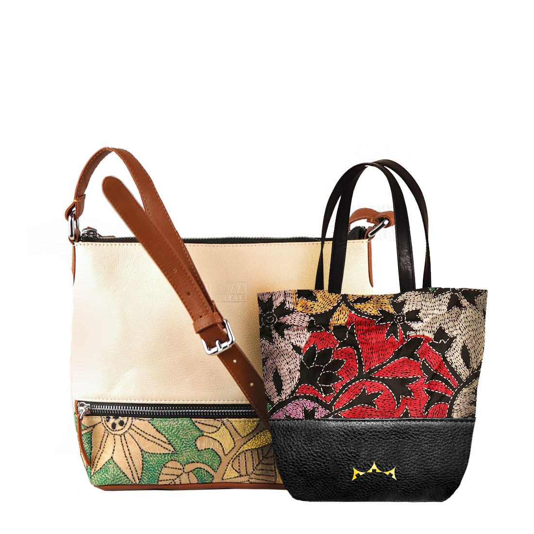 Combo of Leather Embroidery Cream Tan Sling & Mini Tote