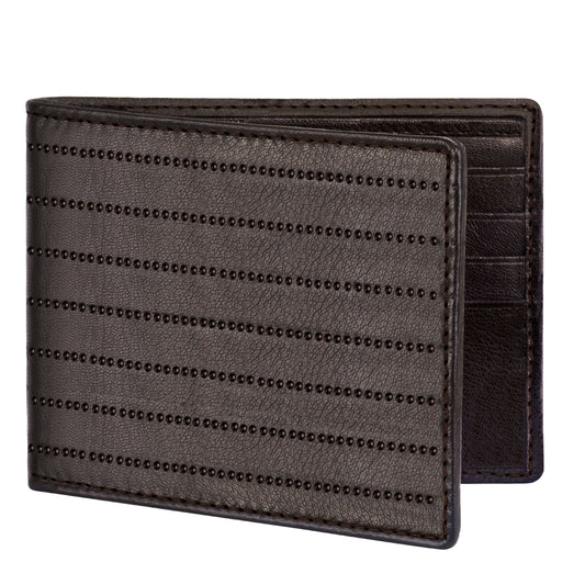 Bi-Fold Embossed Dotted Lines Premium Dark Brown RFID Blocking Leather Wallet for Men with Zipper Coin Pocket Feature