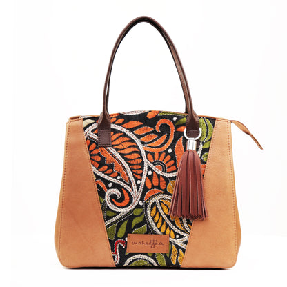 Genuine Leather-Kantha Handcrafted Tote Bag Women (Orange Tan)