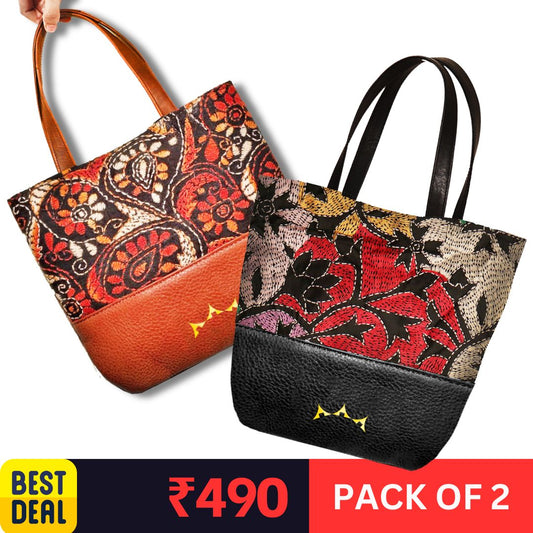 Pack of 2 Genuine Leather & Embroidery Tote - Brown &  Black