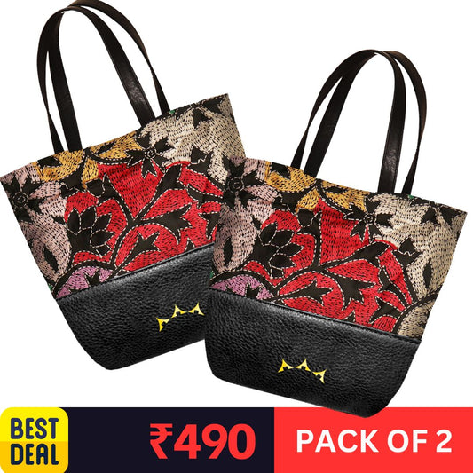 Pack of 2 Genuine Leather & Embroidery Tote - Black & Black