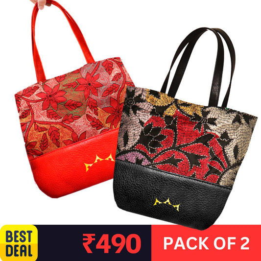 Pack of 2 Genuine Leather & Embroidery Tote - Red & Black