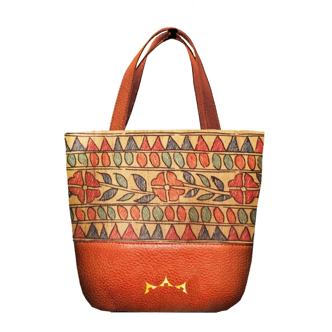 Pushpam Madhubani Mini Tote with Sling - Tan Brown