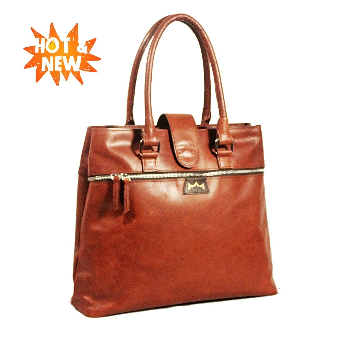 Leather Handbag Double Zip - Brown