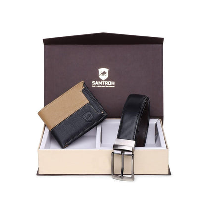 Leather Belt and Wallet Combo for Men (Black-Beige)