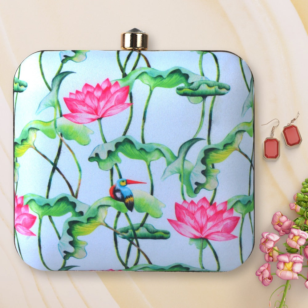 Lotus & Kingfisher Printed Fabric Clutch (6.5x6)