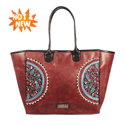 Large Tote Brown - Genuine Leather Embroidery
