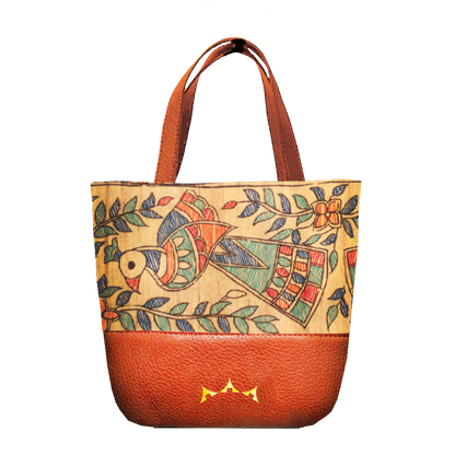 Bulbul Madhubani Mini Tote with Sling - Tan Brown