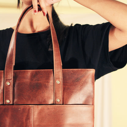 Leather Handbag Long Tote - Umber