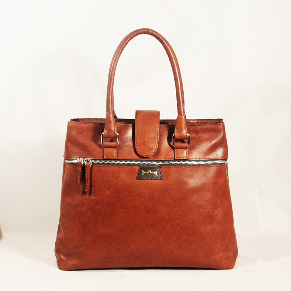 Leather Handbag Double Zip - Brown