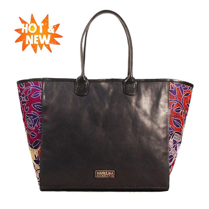 Large Tote Black Blue - Genuine Leather Embroidery