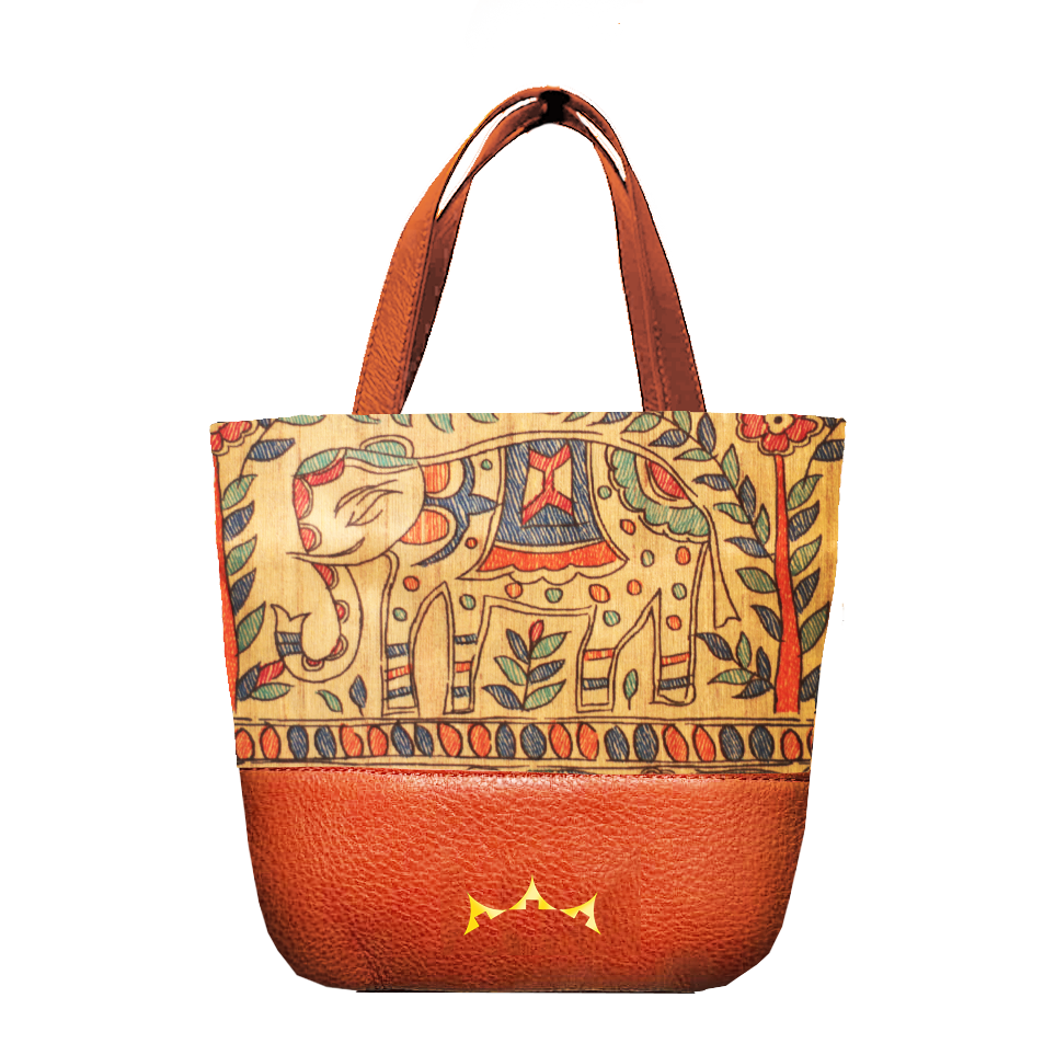 Airavat Madhubani Mini Tote with Sling - Tan Brown