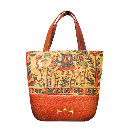 Airavat Madhubani Mini Tote with Sling - Tan Brown