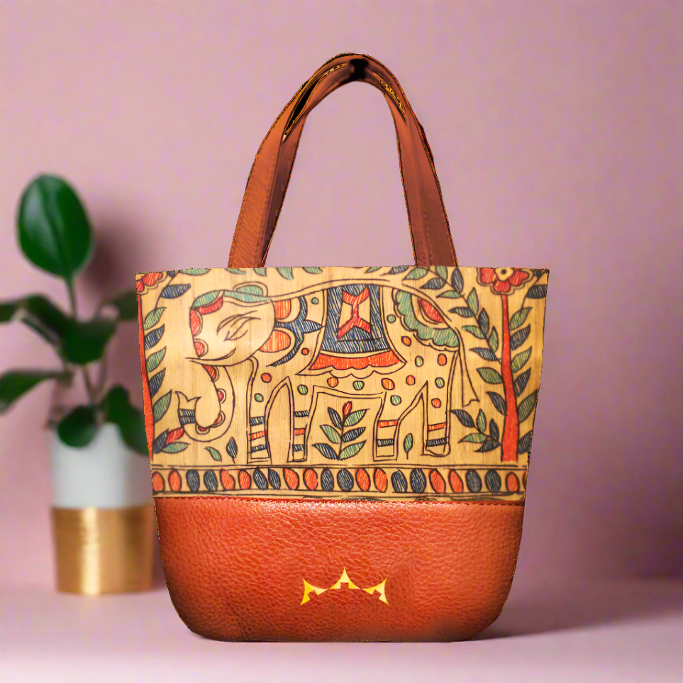 Airavat Madhubani Mini Tote with Sling - Tan Brown