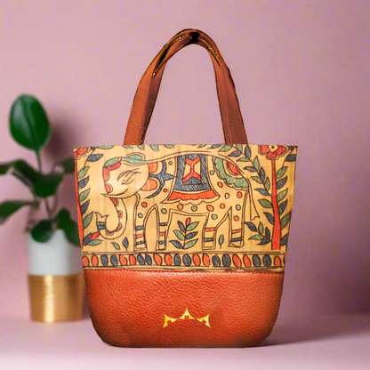 Airavat Madhubani Mini Tote with Sling - Tan Brown