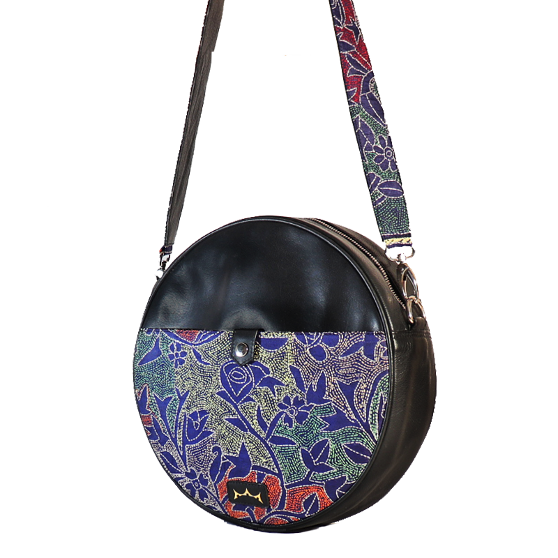 Leather Embroidery Handcrafted Circle Sling Bag Women Black