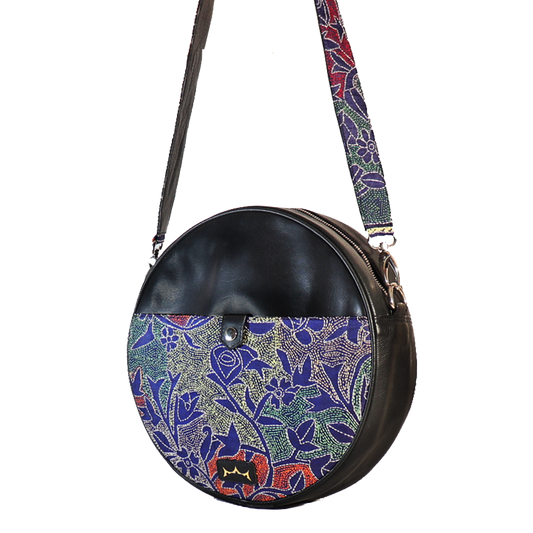 Leather Embroidery Handcrafted Circle Sling Bag Women Black