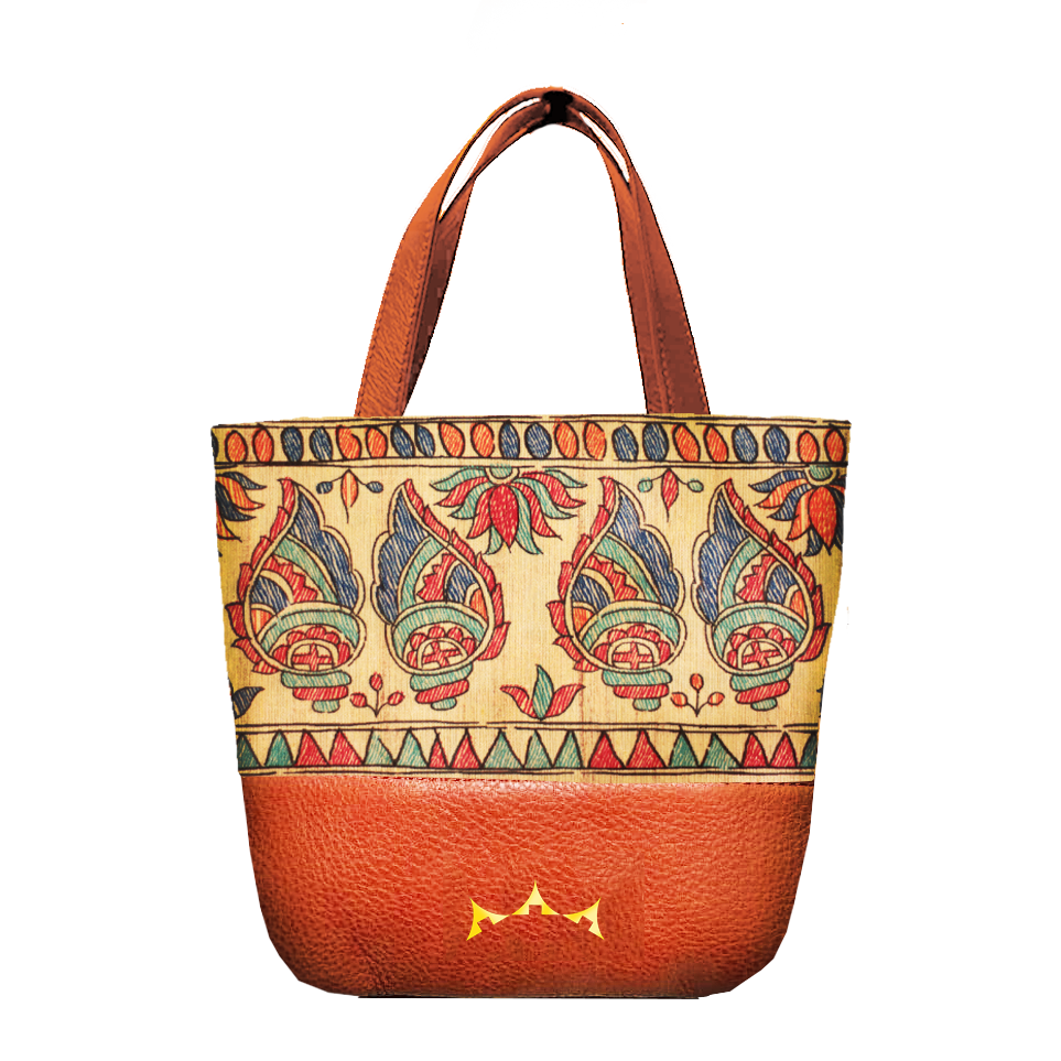 Shankh Madhubani Mini Tote with Sling - Tan Brown