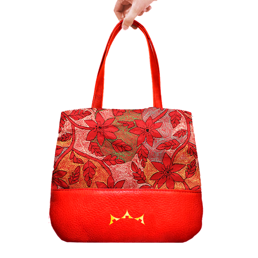 Genuine Leather & Embroidery Tote - Bright Red
