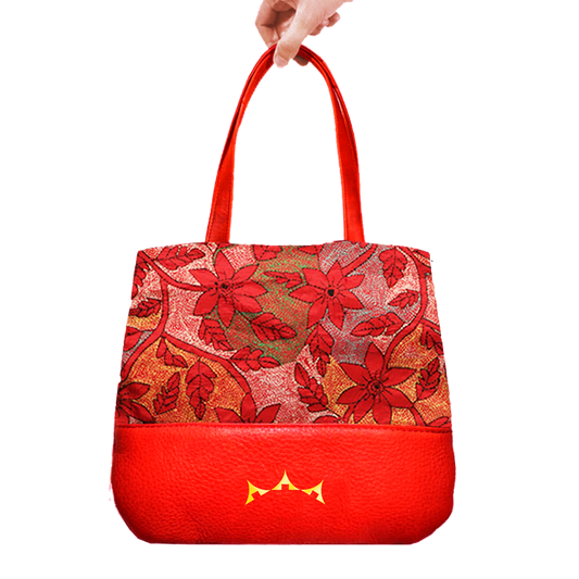 Genuine Leather & Embroidery Tote - Bright Red
