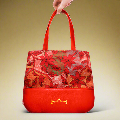 Genuine Leather & Embroidery Tiny Tote - Bright Red