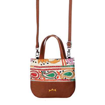 Genuine Leather & Embroidery Tote - Tan Brown
