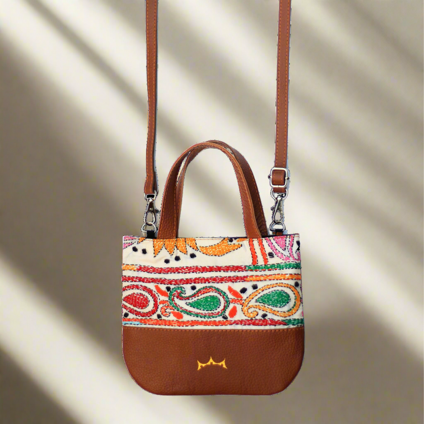 Genuine Leather & Embroidery Tiny Tote - Tan Brown