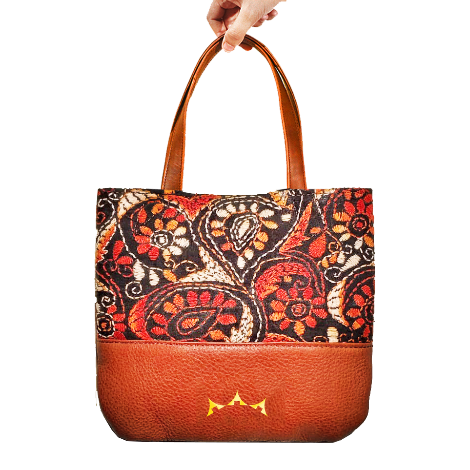 Genuine Leather & Embroidery Tote - Tan Brown