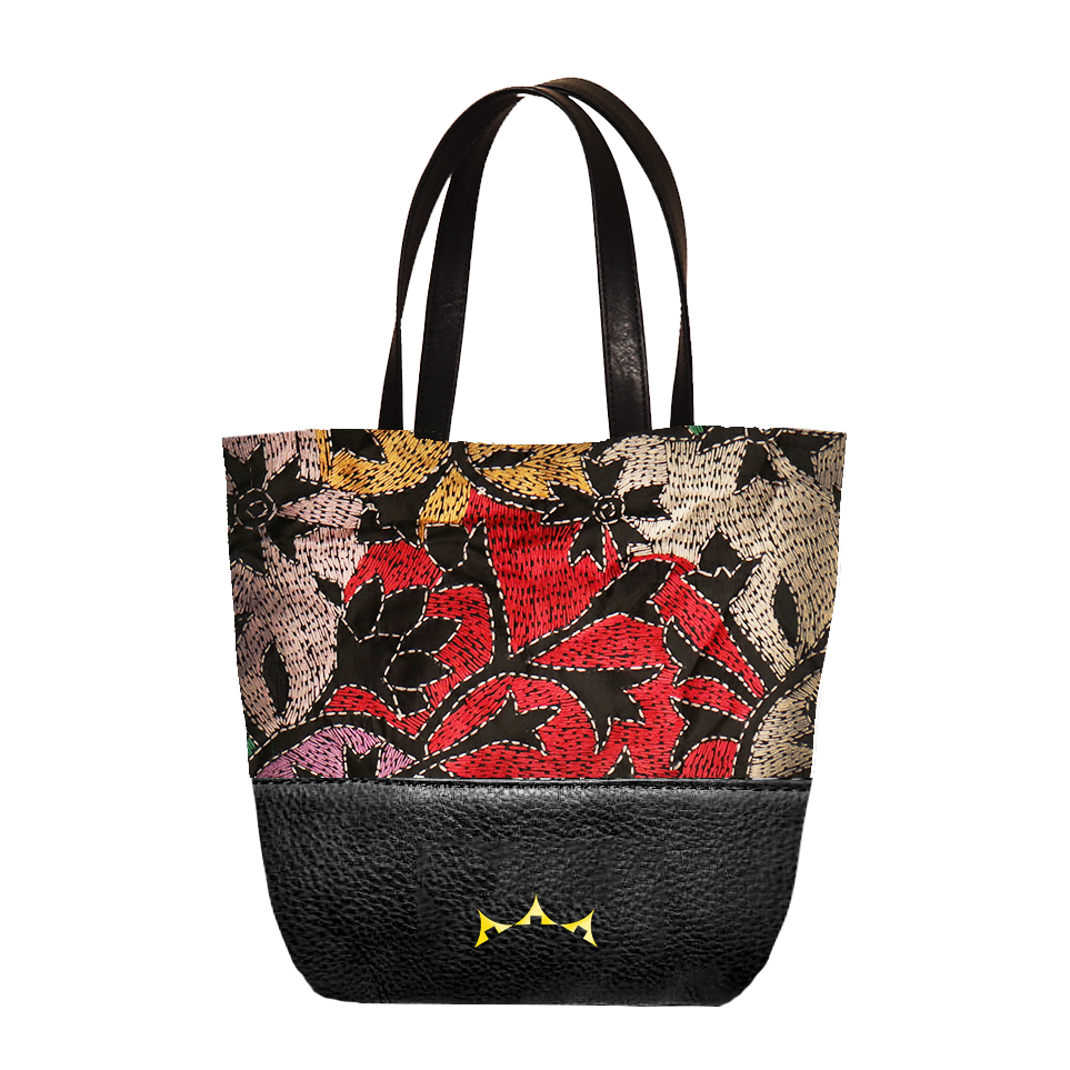 Genuine Leather & Embroidery Tote - Jet Black