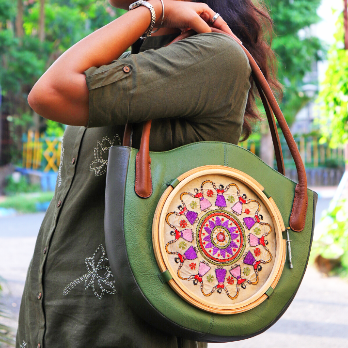 Leather Embroidery Shoulder Handbag - Tribal dance