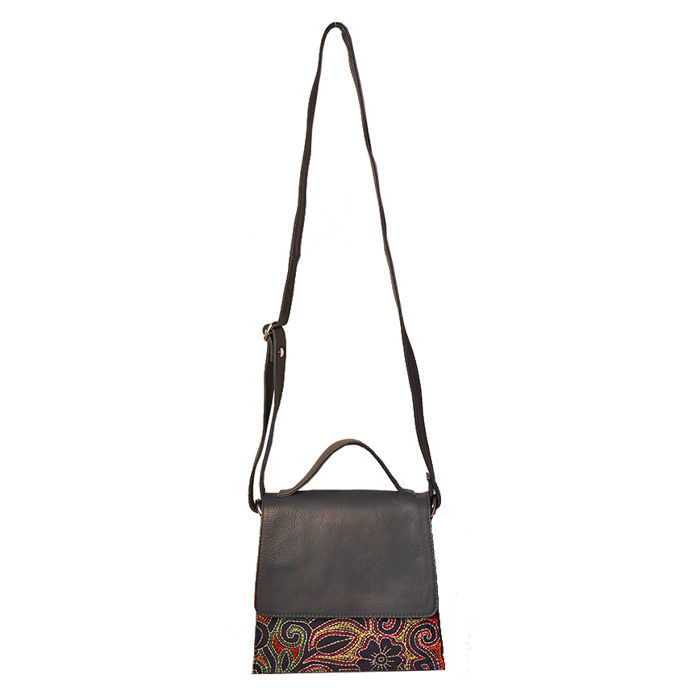 Mini Sling Bag - Genuine Leather- Kantha Handcrafted Cute Sling