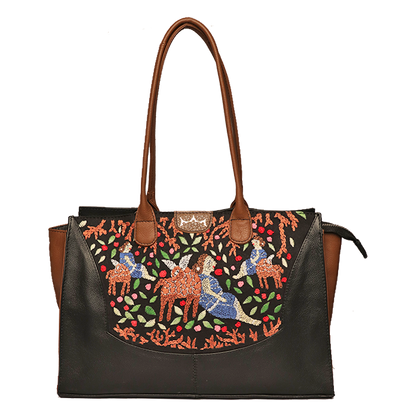 Genuine Leather-Kantha Handcrafted Sonar Horeen Handbag (Black-Brown)