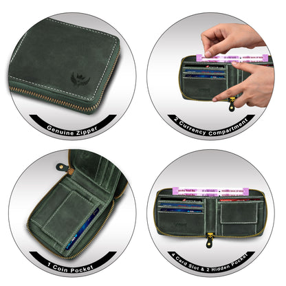 RFID Blocking Genuine Olive Green Hunter Leather Zipper Wallet for Men