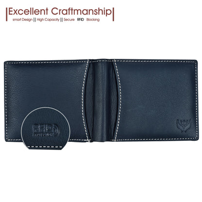 Bi-Fold Autumn Navy Blue RFID Blocking Leather Wallet for Men with Flap & Coin Pocket Feature