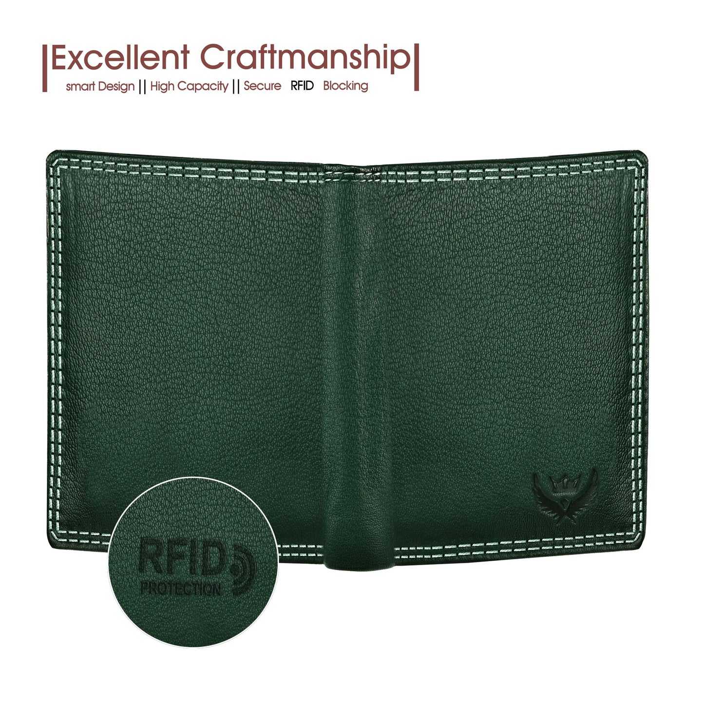 Vintage Green Case Fold Style Genuine Leather RFID Blocking Large Capacity Unisex Wallet