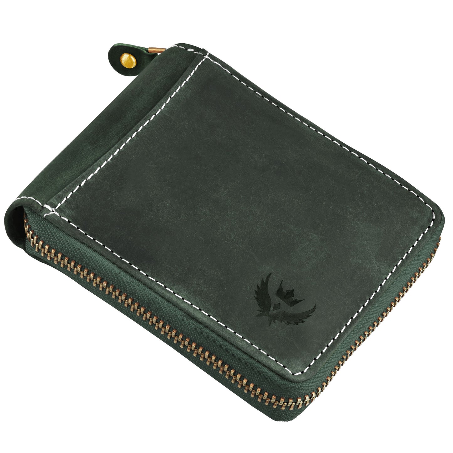 RFID Blocking Genuine Olive Green Hunter Leather Zipper Wallet for Men
