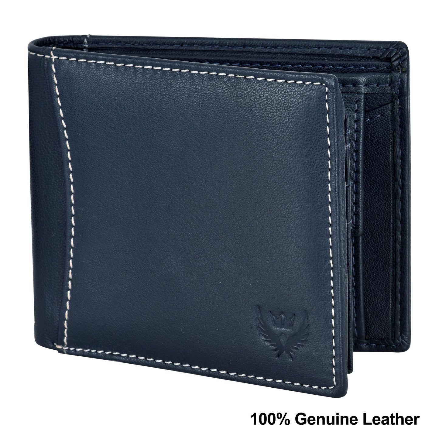 Bi-Fold Autumn Navy Blue RFID Blocking Leather Wallet for Men with Flap & Coin Pocket Feature