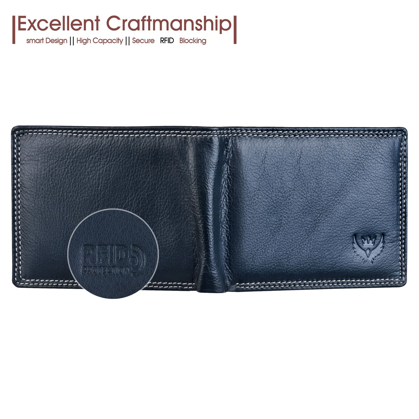 Bi-Fold Premium Blue RFID Blocking Grain Leather Wallet for Men with Double ID Card Flap, 9 Credit Card Pockets & Coin Pocket Feature