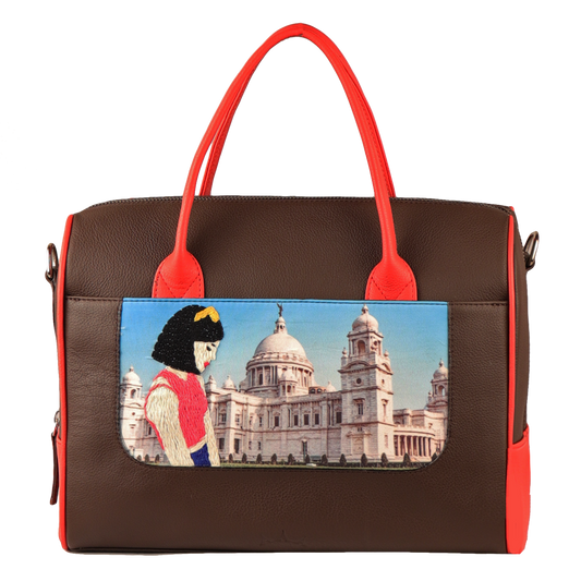 Women's Handcrafted Kolkata Print Weekender Bag (Brown)