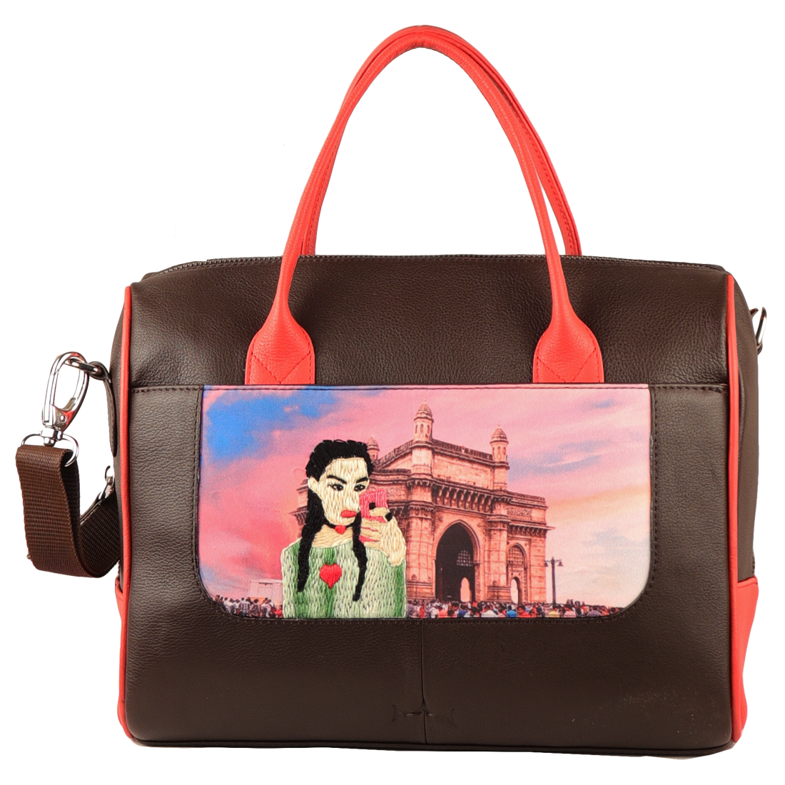 Women's Handcrafted Mumbai Print Weekender Bag (Brown)