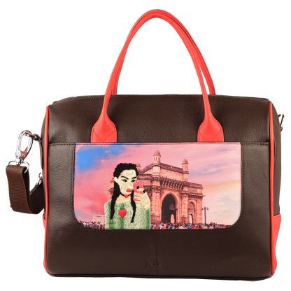 Women's Handcrafted Mumbai Print Weekender Bag (Brown)