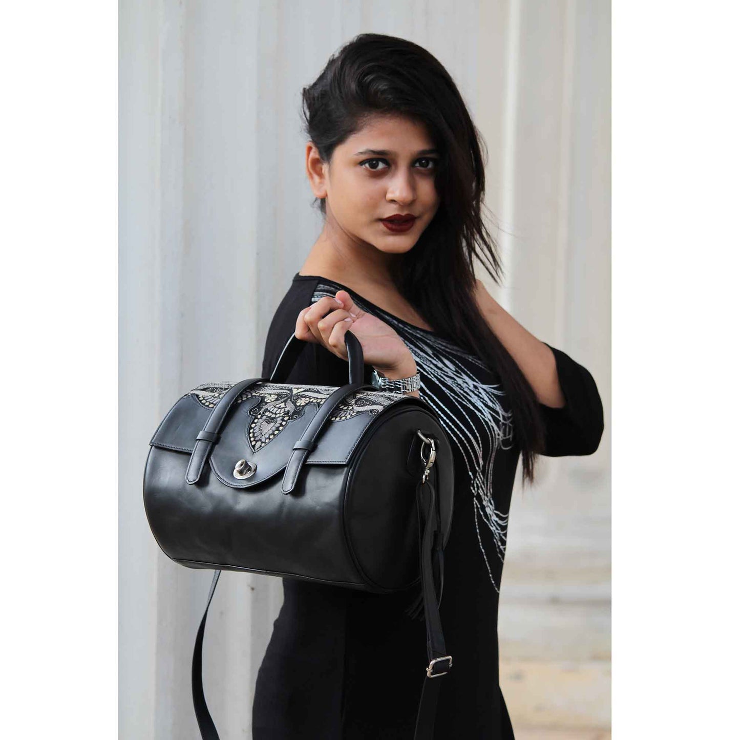 Leather and Embroidery Mini Duffle with Sling - Black