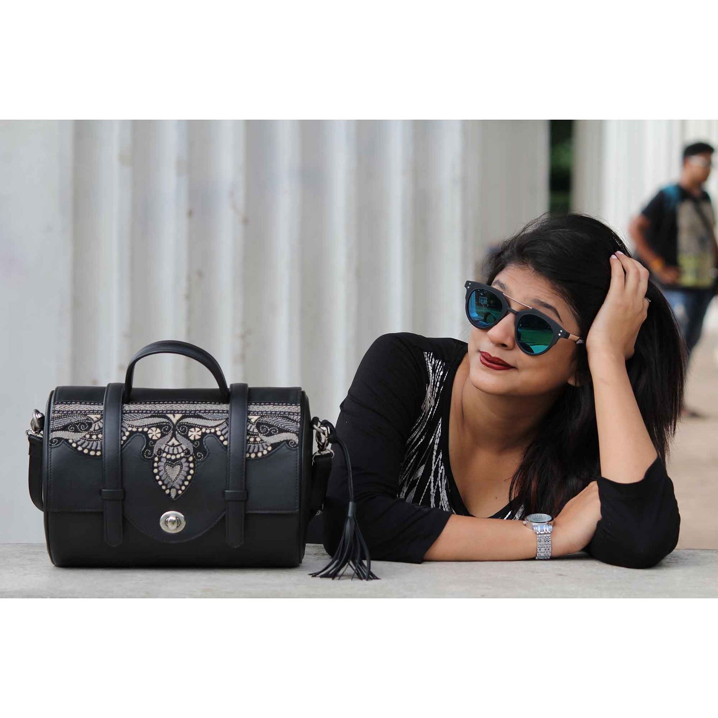 Leather and Embroidery Mini Duffle with Sling - Black