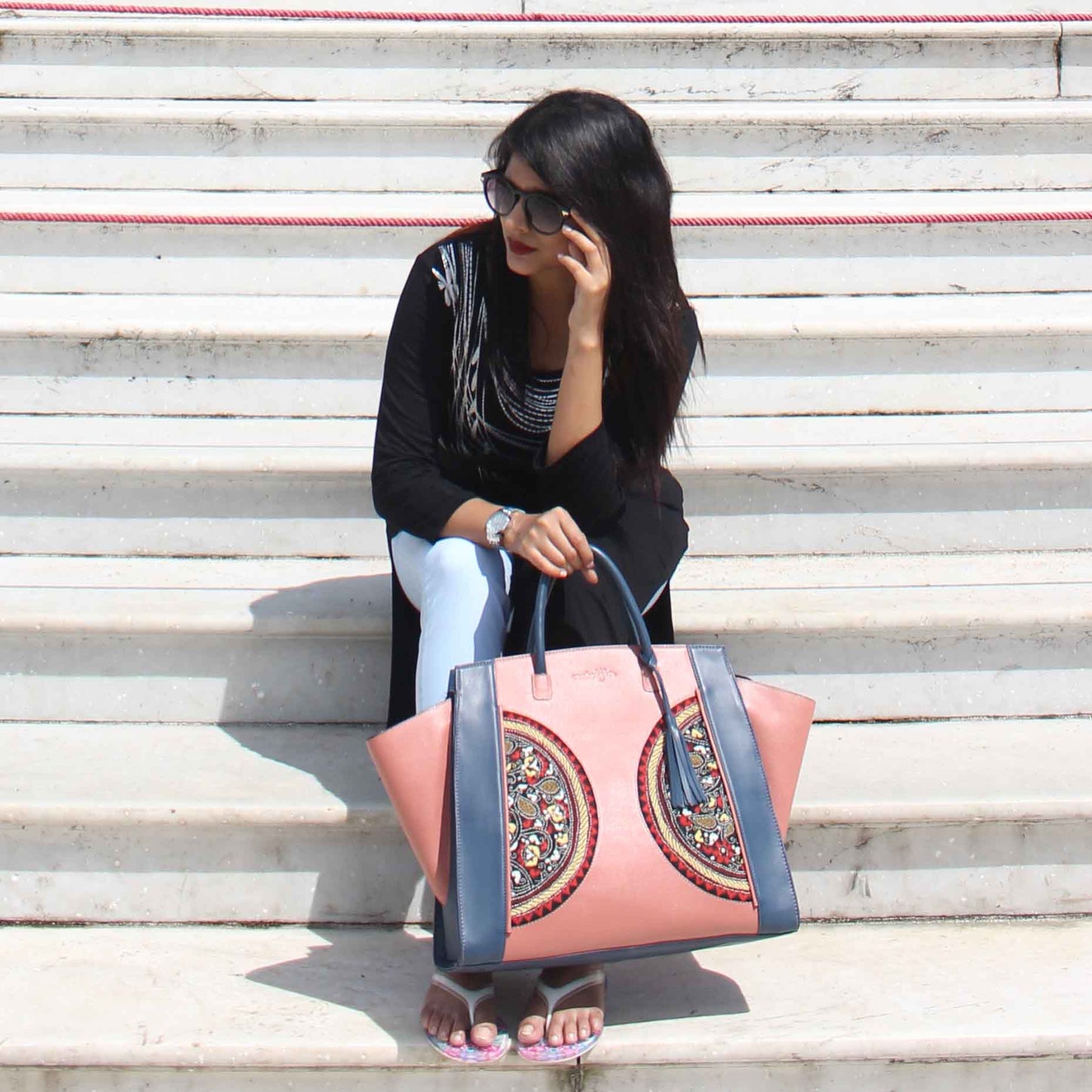 Leather Embroidery Large Tote - Pink