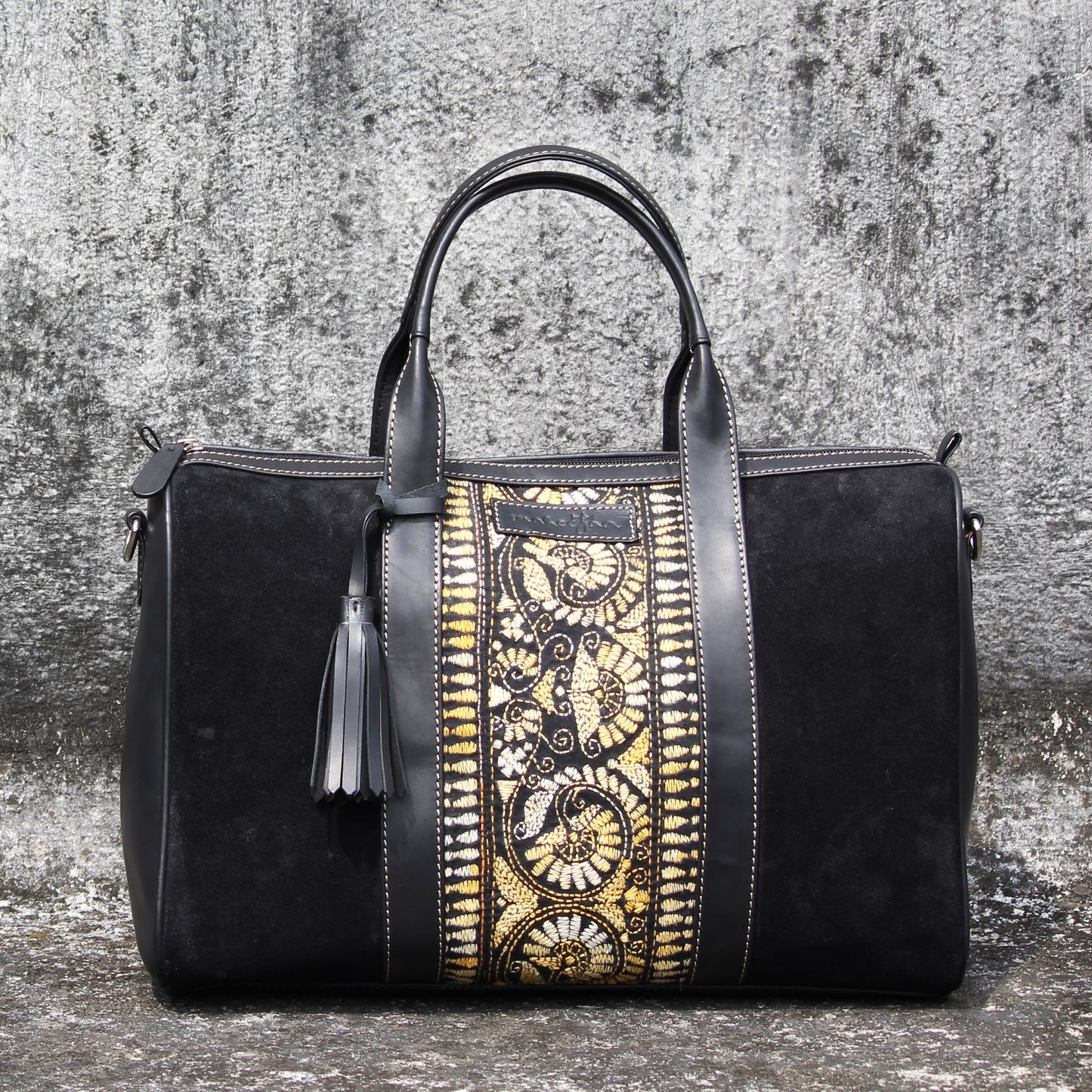 Suede Leather Embroidery Duffle/Weekender Sling Bag - Black