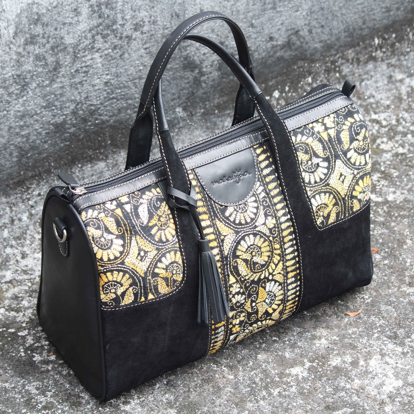 Suede Leather Embroidery Duffle Sling Bag - Black