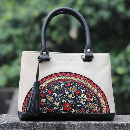 Leather Embroidery Mini Bag with Sling - White