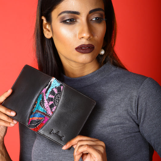 Maheejaa Genuine Leather-Kantha Women's Bi-fold Wallet - Black